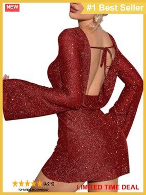 Sparkly Sequin Mini Dress Long Sleeve Backless Club Party Dress